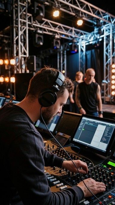 Tontechniker mit Headset arbeitet am Mischpult hinter der Bühne